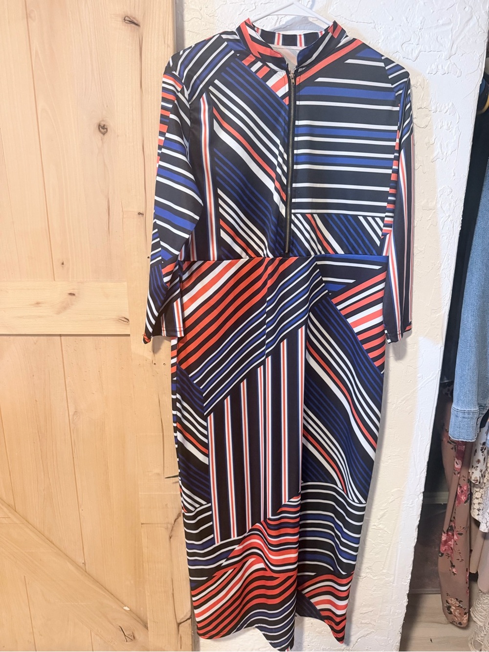 Fits like XL  - Striped Multicolor Midi Dress with Zip Front